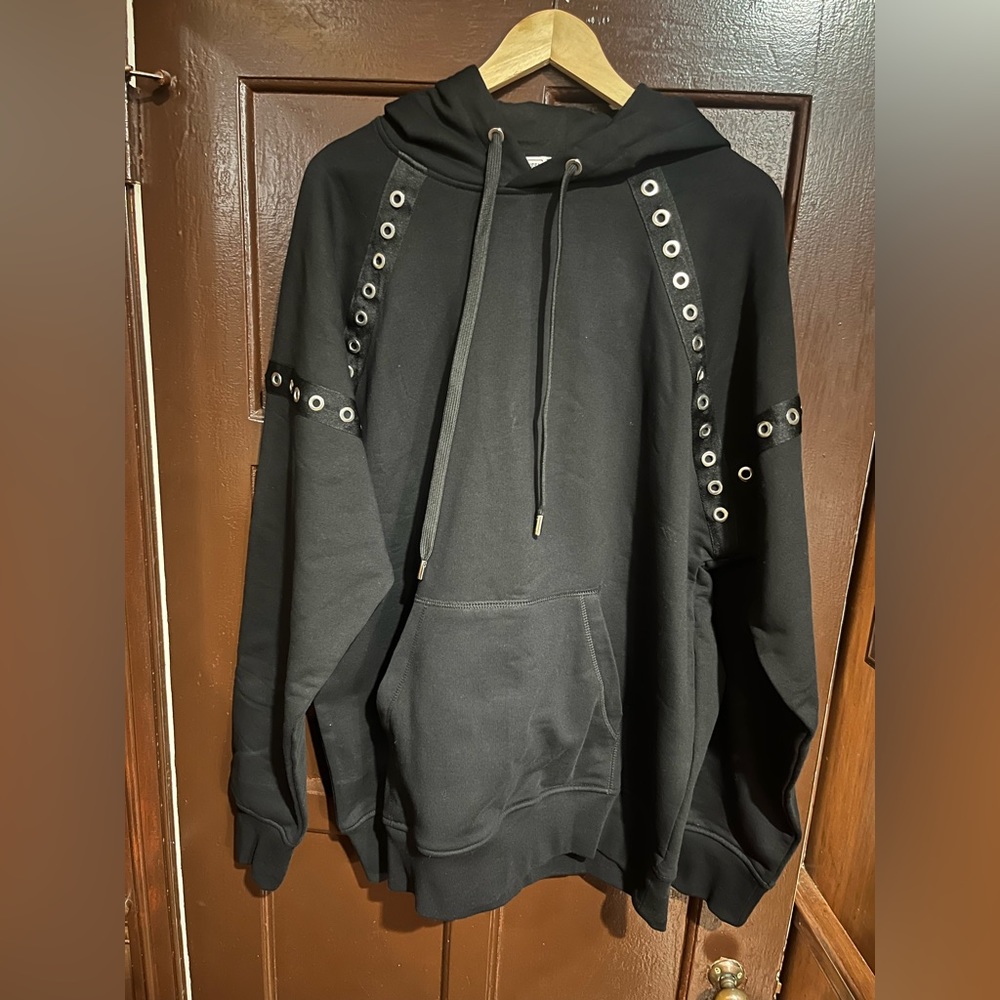 Alexander McQueen Hoodie XXL Size Eyelet Embellished Detailing Black Cotton